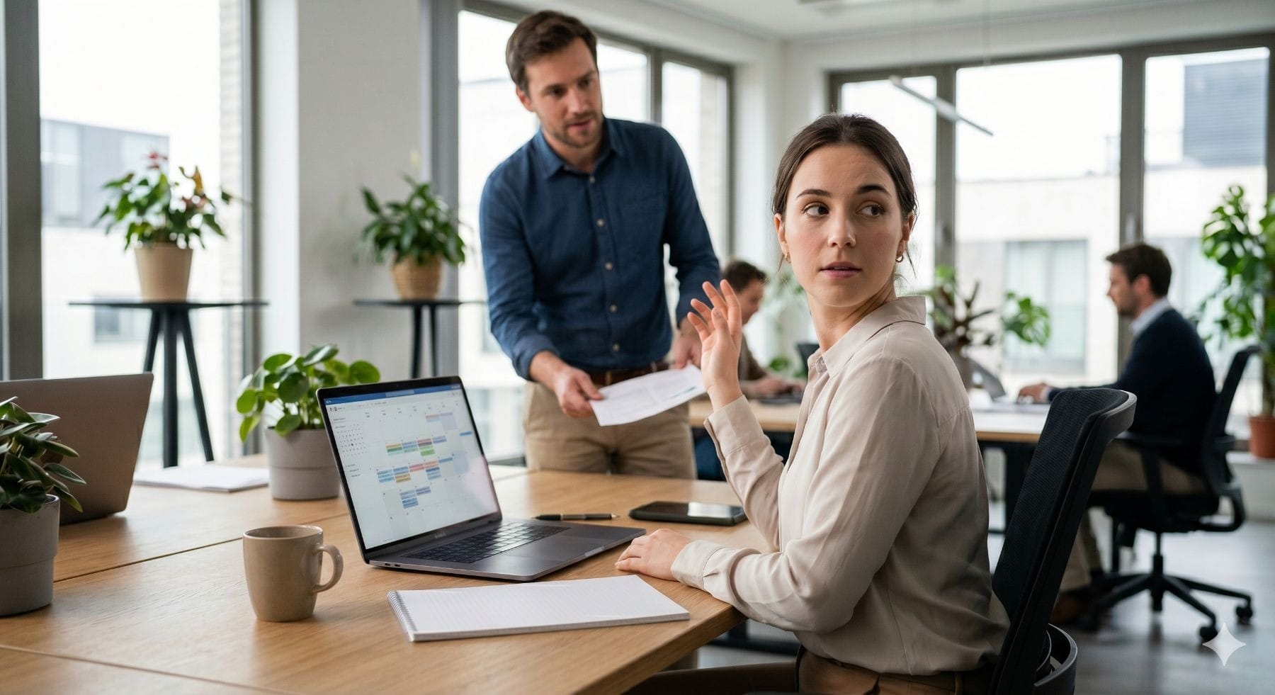 vrouw die aan bureau zit met laptop en wegkijkt van man met papieren in de hand
