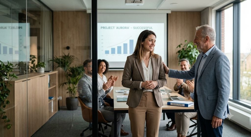 man feliciteert vrouw met goede presentatie in professionele context