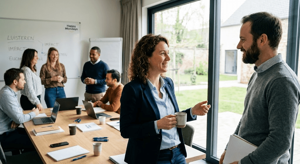 man en vrouw spreken met elkaar in vergaderruimte met team op achtergrond
